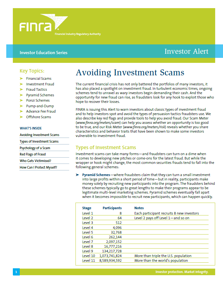 Avoiding Investment Scams Article by FINRA